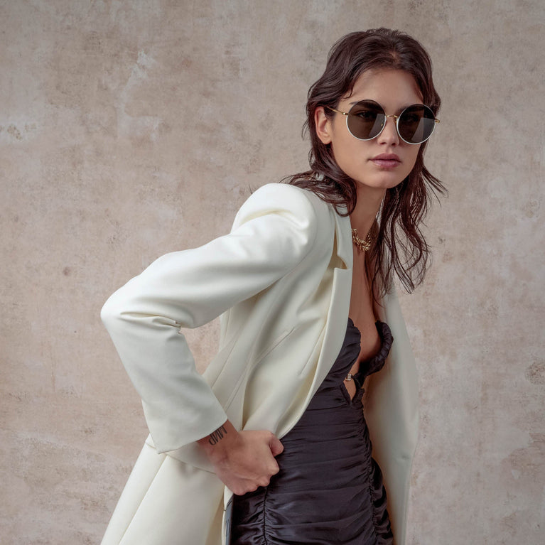 Linda Farrow Bea Round Sunglasses in Yellow Gold and Black C7 58