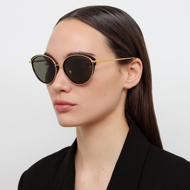 Linda Farrow Song Cat Eye Sunglasses in Yellow Gold and Black C1 59